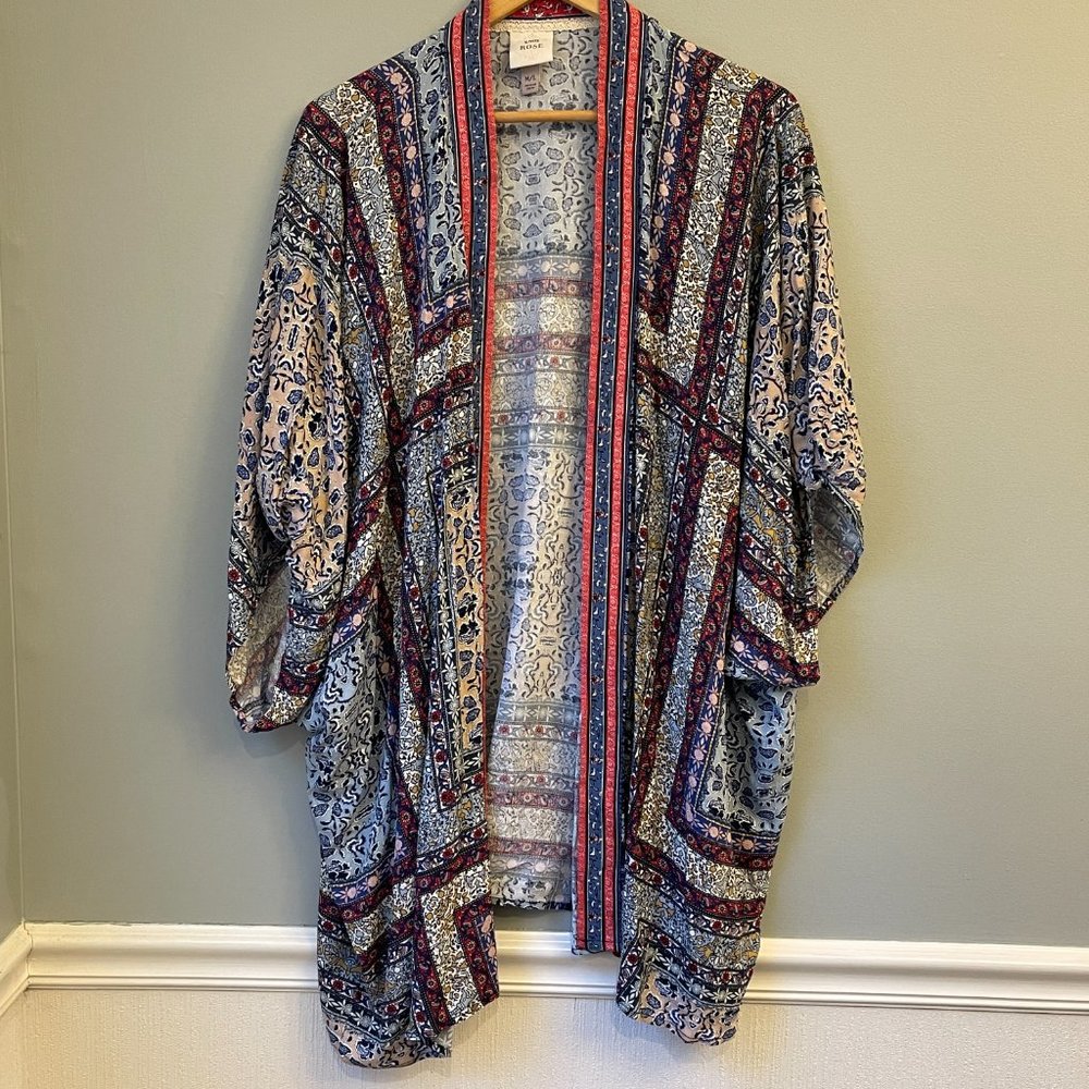 Knox Rose Pink Blue Boho Floral Flowy 3/4 Sleeve Kimono Open Front M / L